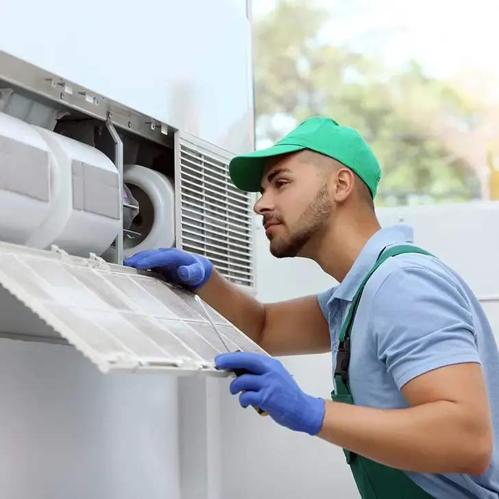 Technician inspecting a clogged dryer vent highlighting safety hazards