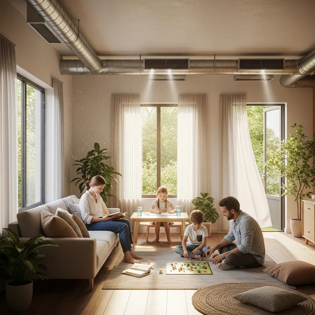 Family enjoying clean air in a modern living room emphasizing the importance of air duct cleaning