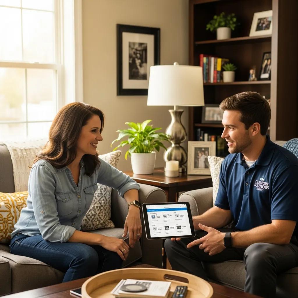 Homeowner consulting with HVAC contractor in a cozy living room